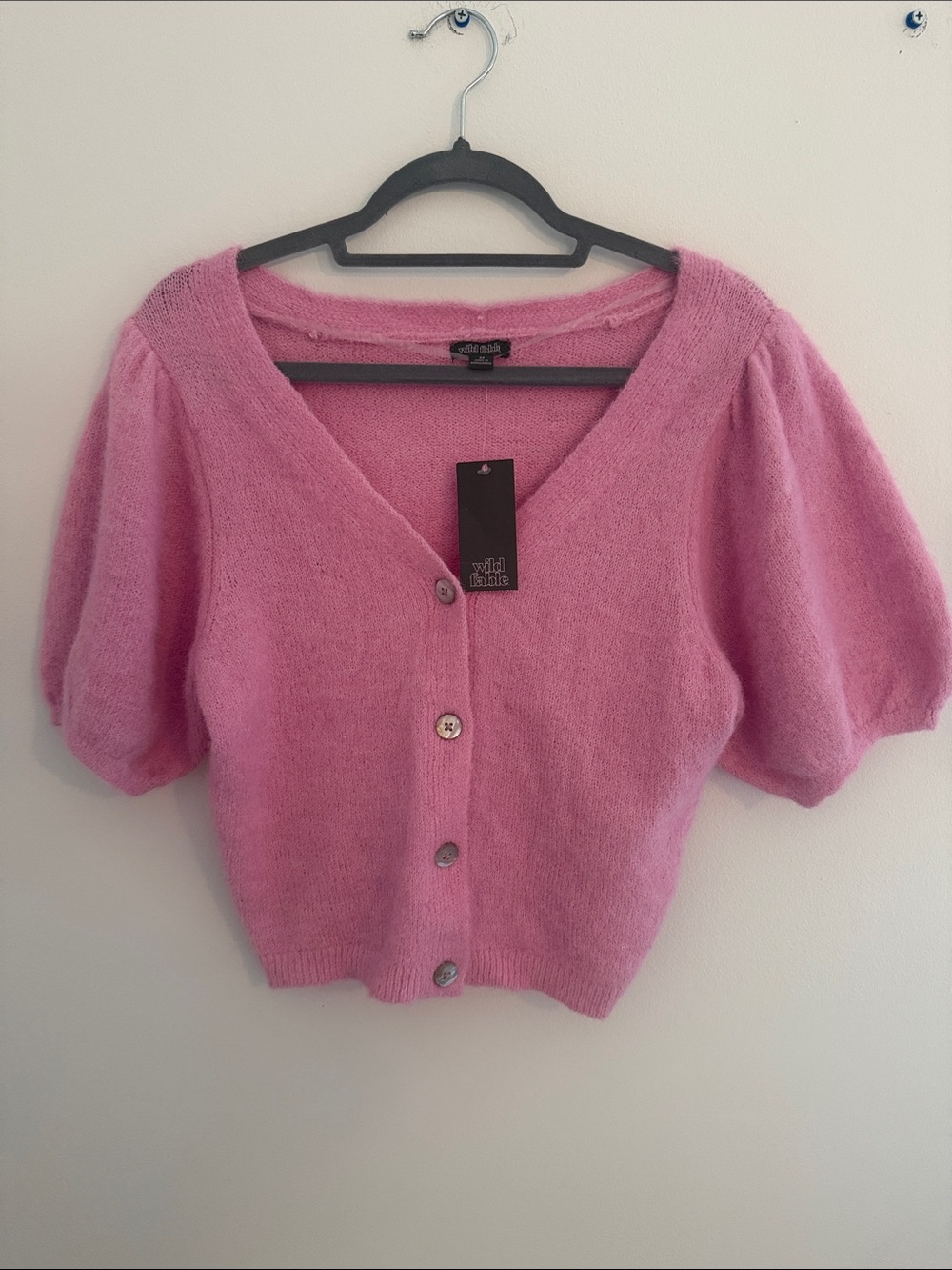 wild fable Pink Puff Sleeve Cottagecore Romantic Y2K cropped V-Neck Cardigan, XS